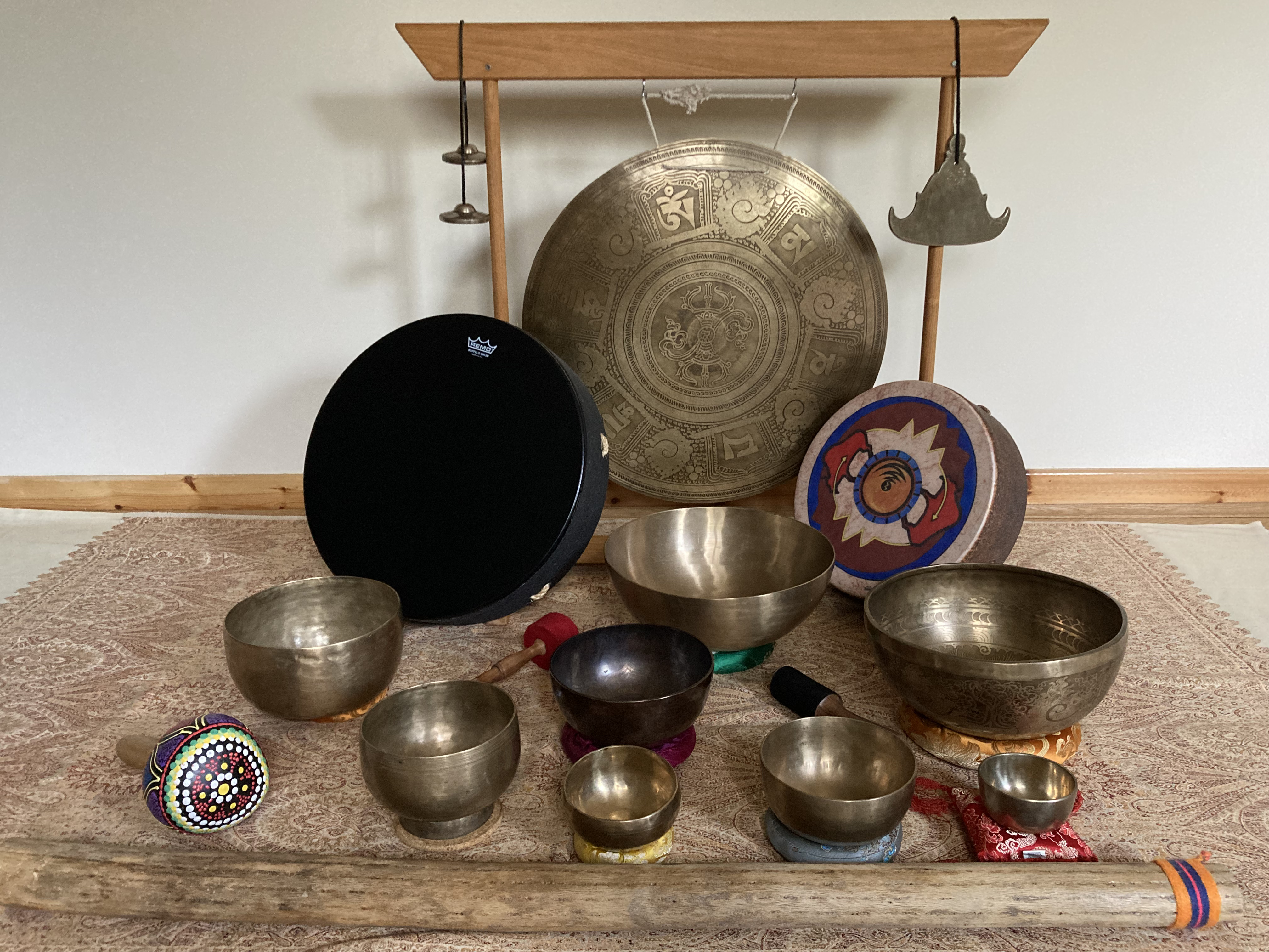 A range of sound healing bowls and gong.