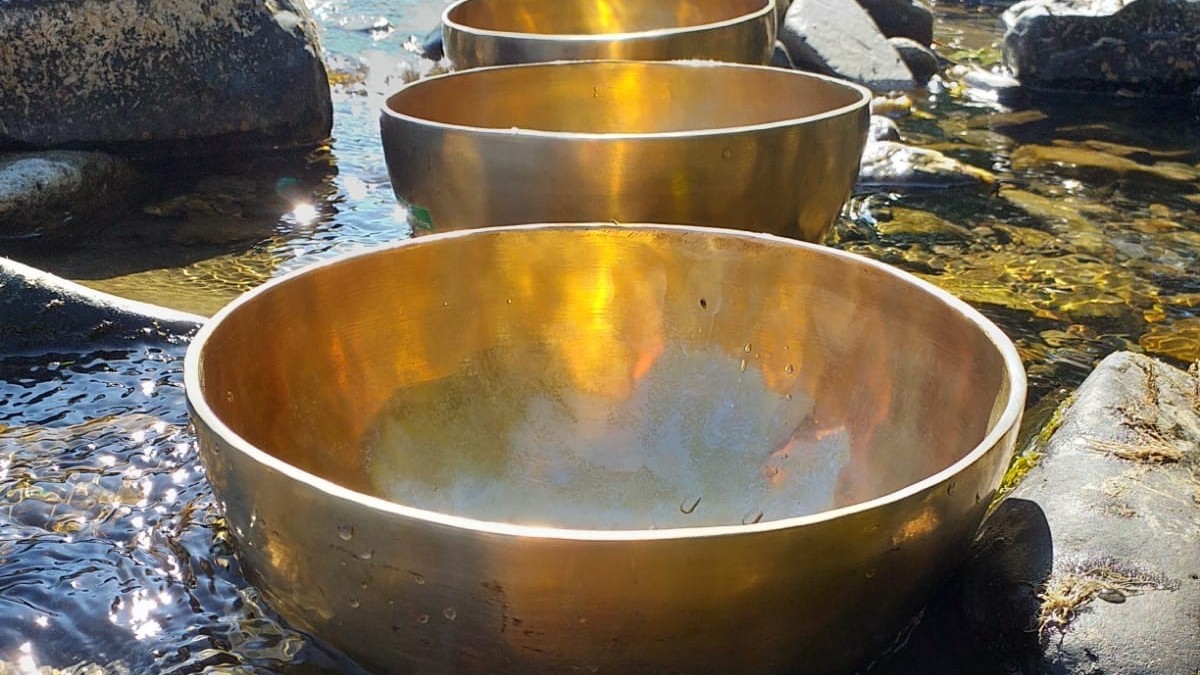 Sound bowls in a stream.